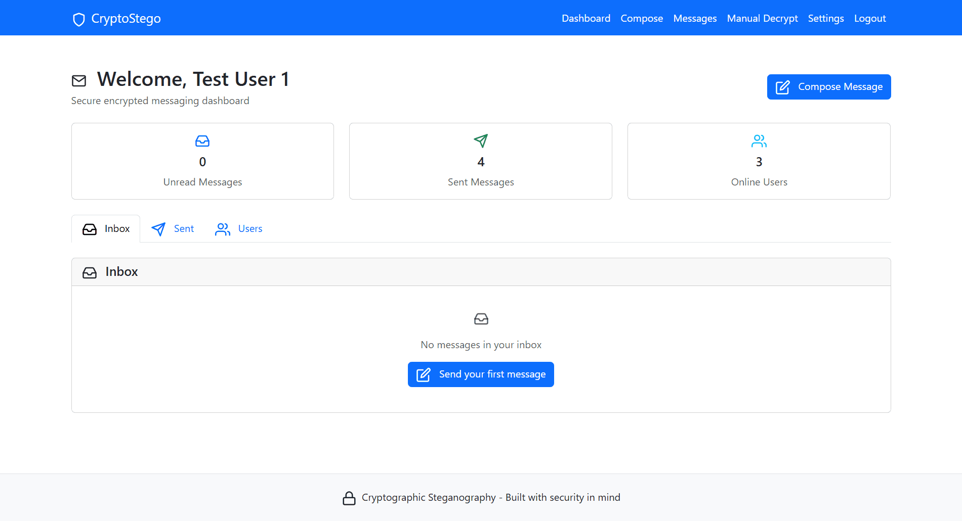 Home page for the cryptostego app